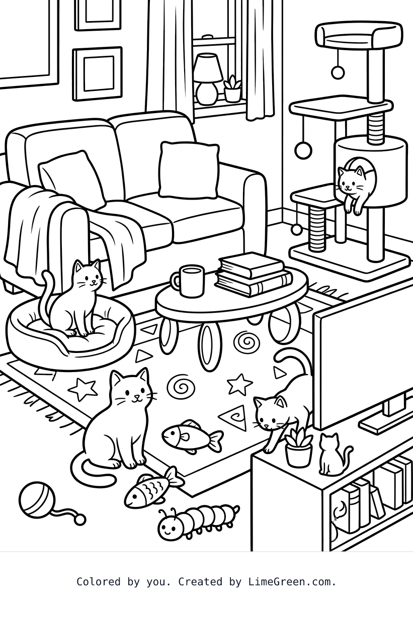 four cats in a living room with a couch, a rug, a coffee table, a television & cabinet, a carpeted cat tree, cat bed, and assorted cat toys on the floor.