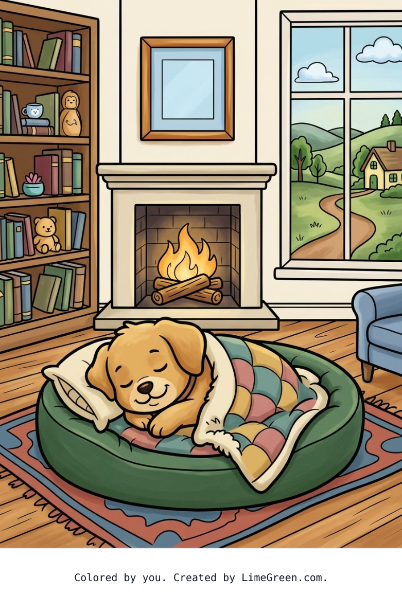 Colored preview of A puppy taking a nap in a dog bed n a cozy living room wth a bookshelf ad a fire in the fireplace. The window shows a country setting and the dog s covered up with a blanket. The dog s a small puppy and is smiling like he is enjoying hs nap.