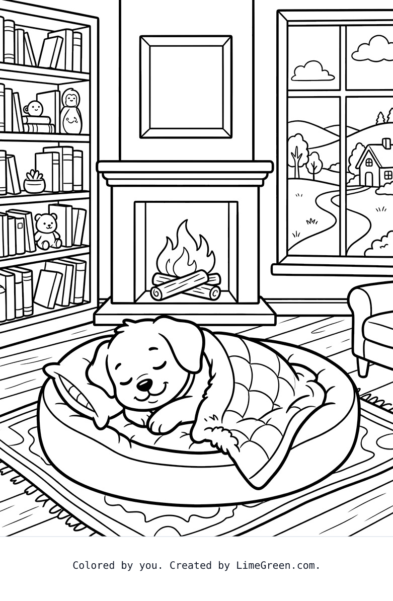 A puppy taking a nap in a dog bed n a cozy living room wth a bookshelf ad a fire in the fireplace. The window shows a country setting and the dog s covered up with a blanket. The dog s a small puppy and is smiling like he is enjoying hs nap.