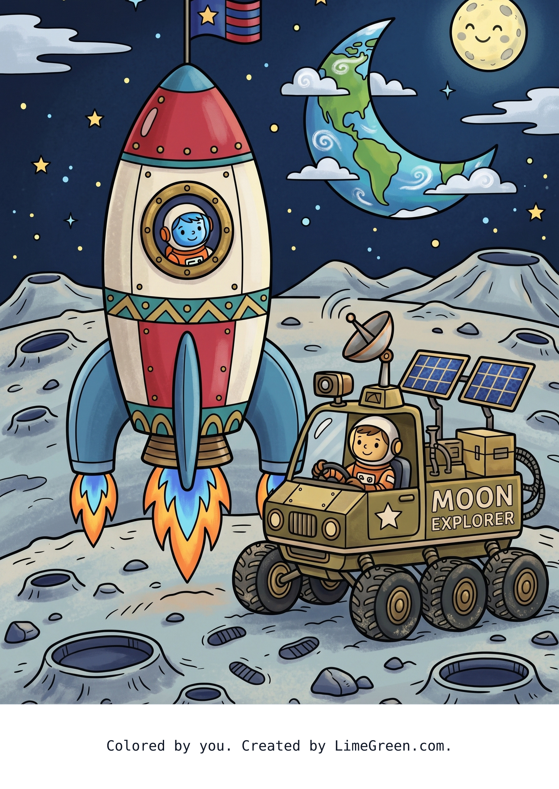 Colored preview of A moon rover parked beside a rocket.
