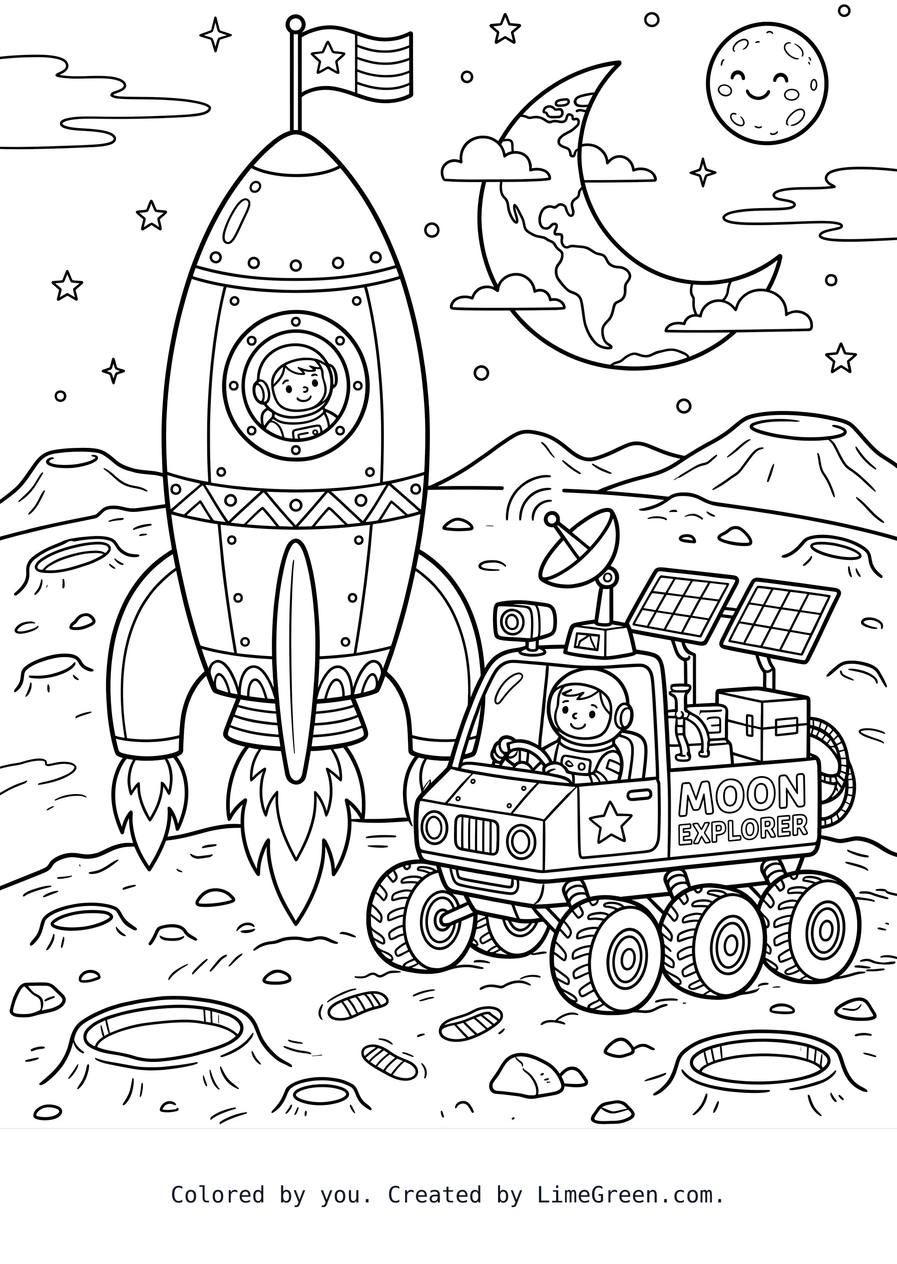 A moon rover parked beside a rocket.