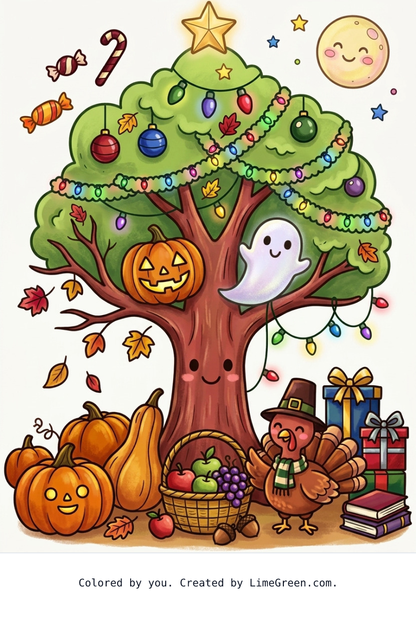 Colored preview of Halloween Thanksgiving and Christmas al in me coloring page