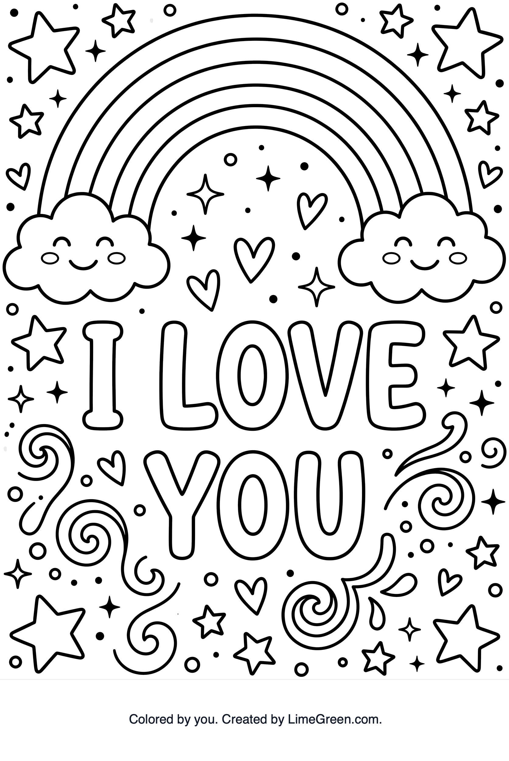 Text saying I love you with a rainbow and stars