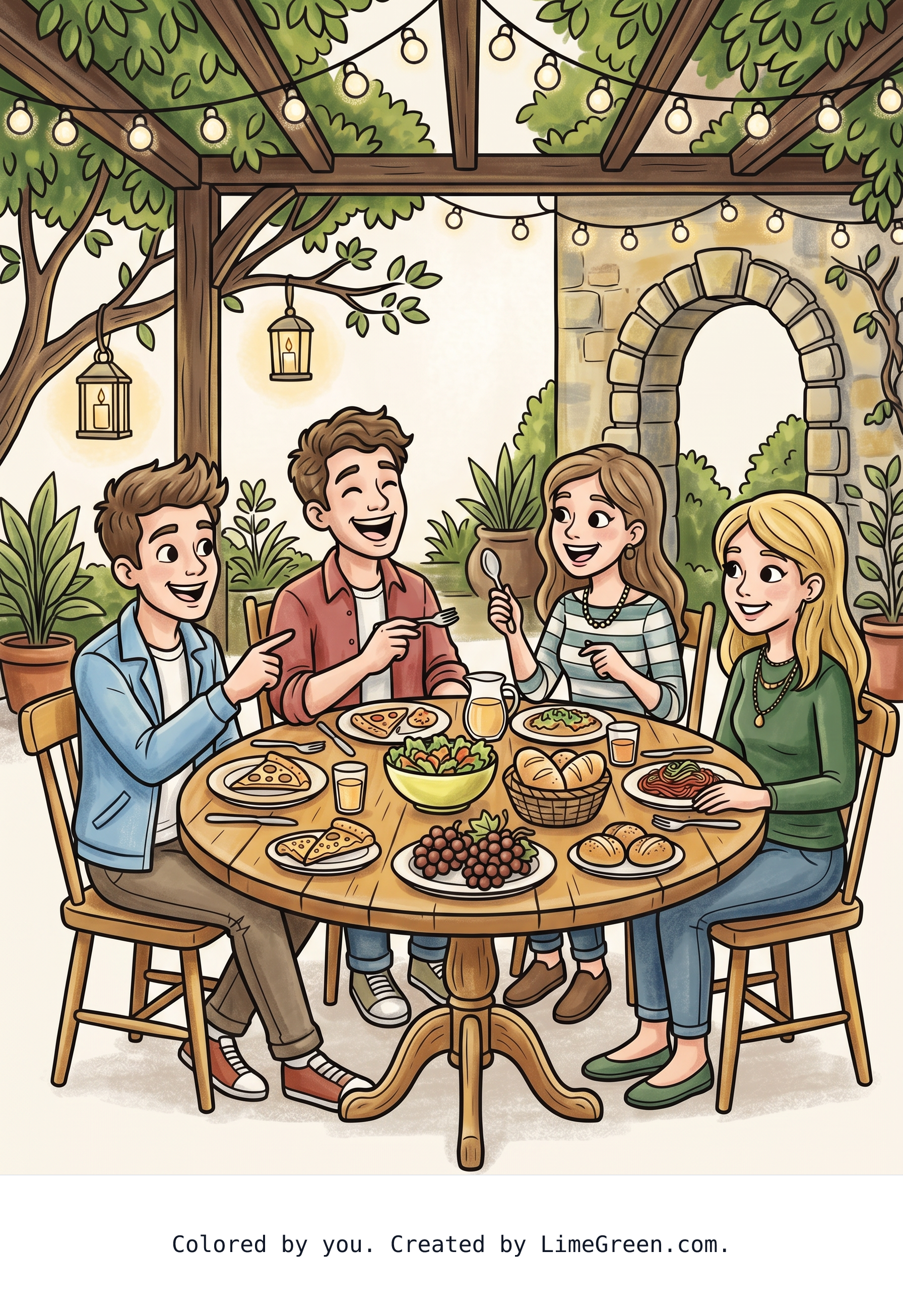 Colored preview of 4 friends at dinner