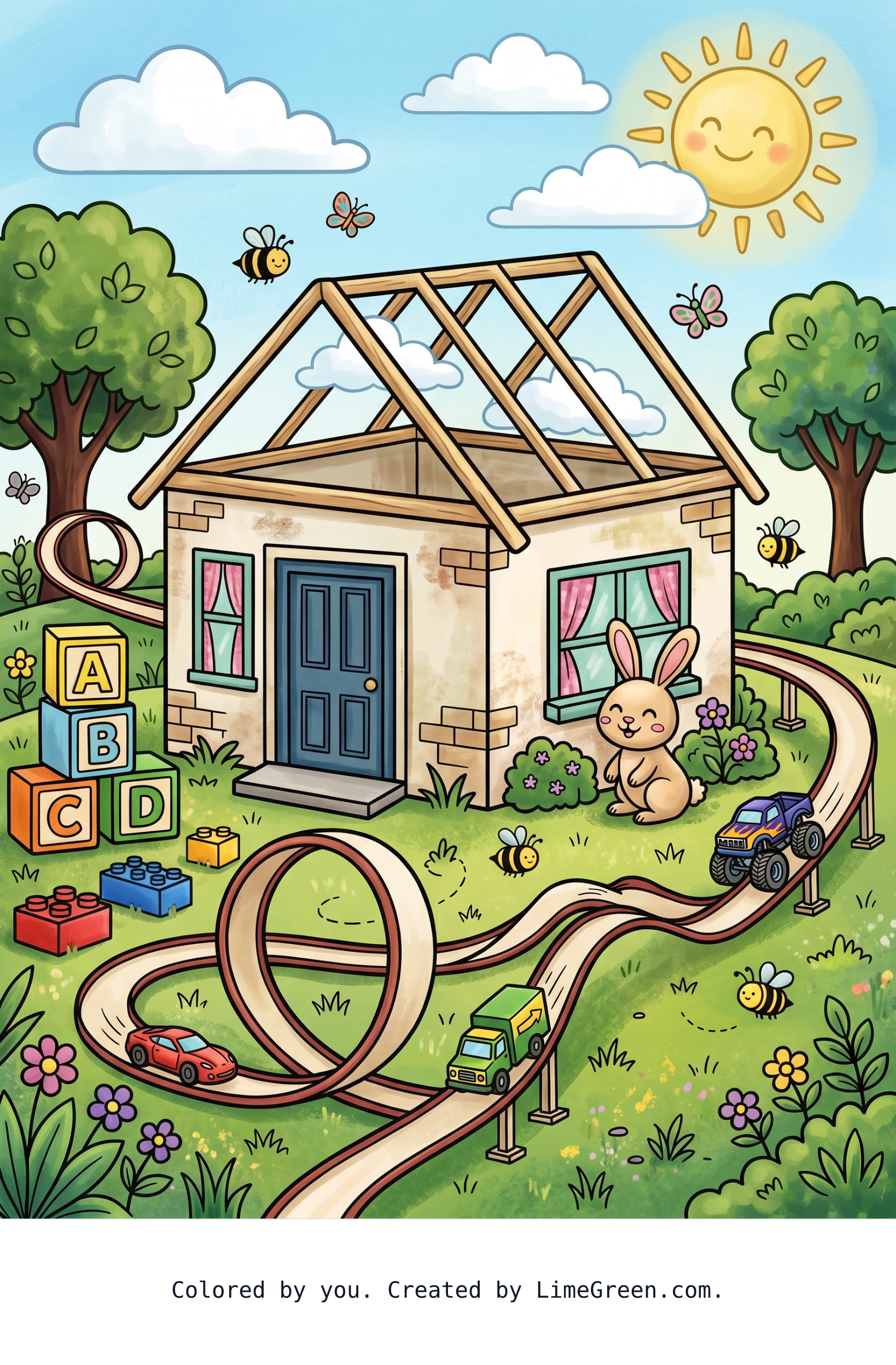 Colored preview of a house With Hot Wheel tracks and animals with it, a bunny, clouds, sun, no roof on it, bumble bees, butterflies, trees, bushes, and a door...and trucks and blocks and bricks and grass...and letters of the alphabet