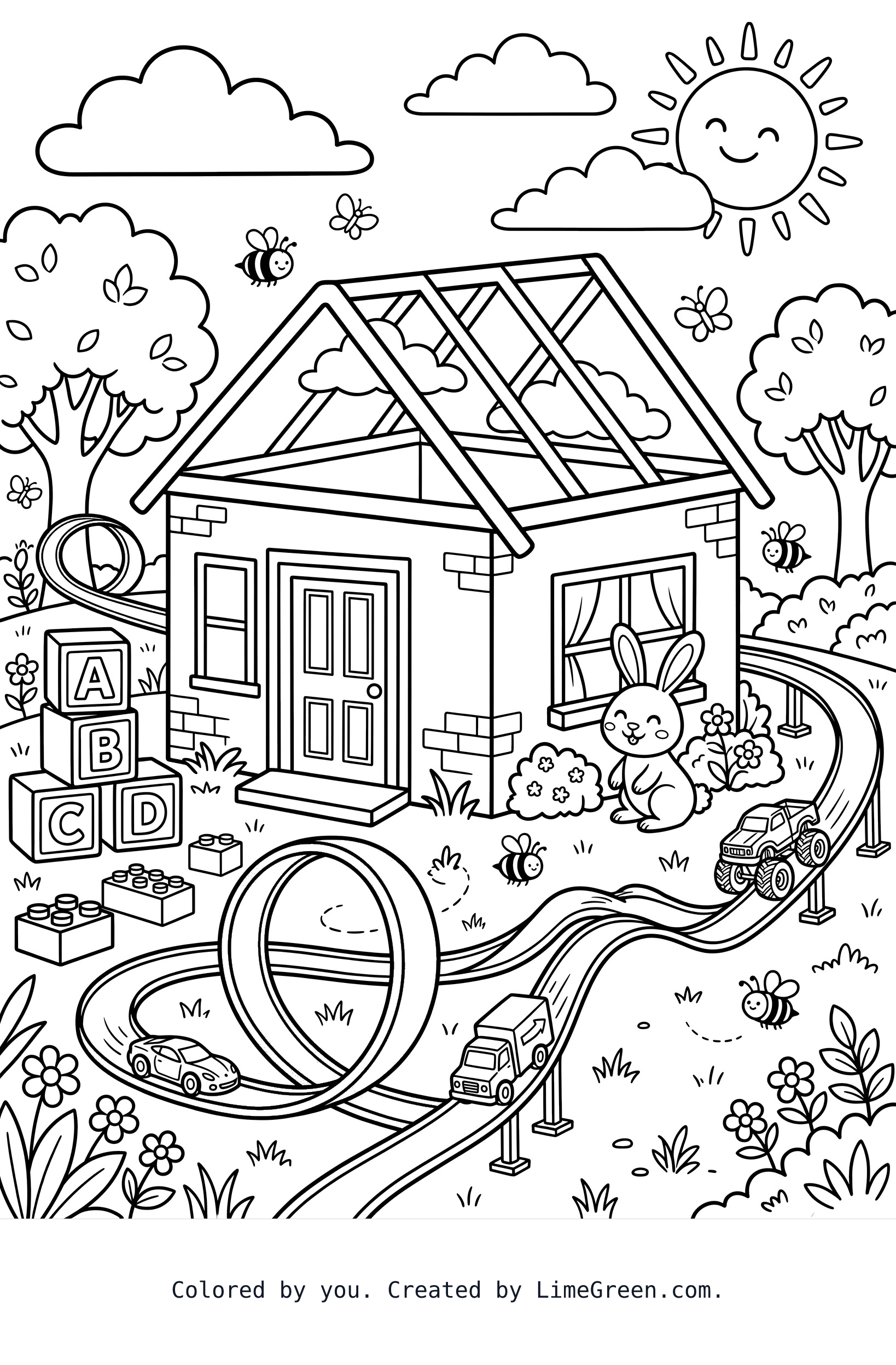 a house With Hot Wheel tracks and animals with it, a bunny, clouds, sun, no roof on it, bumble bees, butterflies, trees, bushes, and a door...and trucks and blocks and bricks and grass...and letters of the alphabet