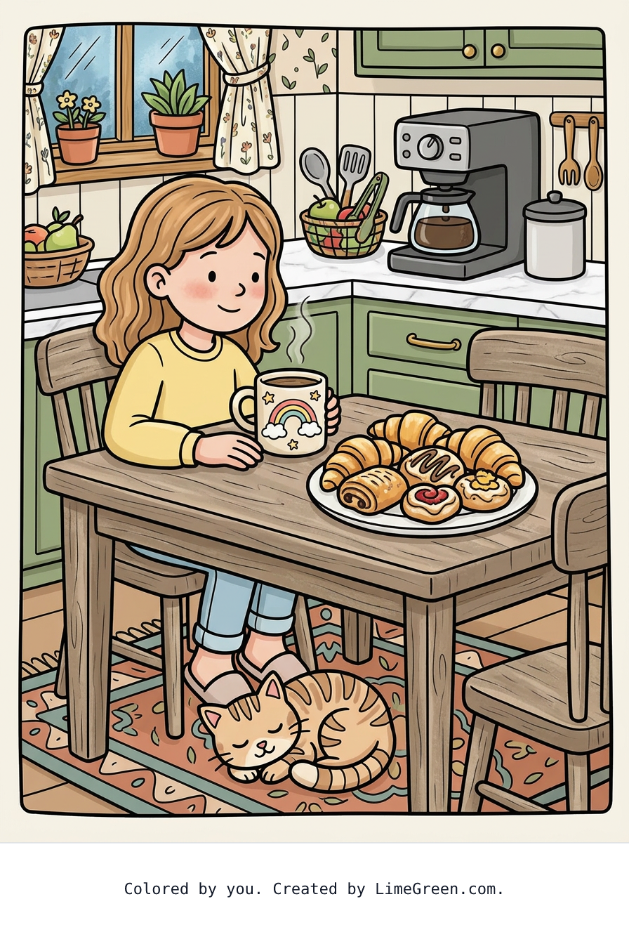 Colored preview of a steaming mug of coffee sitting on a kitchen table. The mug has a rainbow on it. There is a smiling girl with shoulder length hair sitting at the table staring into the coffee, with her hands next to the mug. There is a plate of croissants and other pastries on the table. There is a cat curled up next to the feet of the girl under the table. A coffee maker sits on the counter.