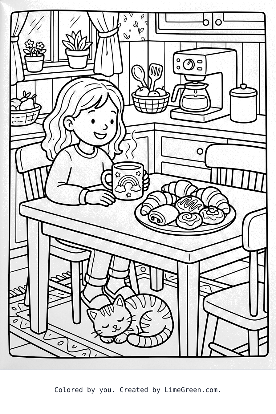 a steaming mug of coffee sitting on a kitchen table. The mug has a rainbow on it. There is a smiling girl with shoulder length hair sitting at the table staring into the coffee, with her hands next to the mug. There is a plate of croissants and other pastries on the table. There is a cat curled up next to the feet of the girl under the table. A coffee maker sits on the counter.