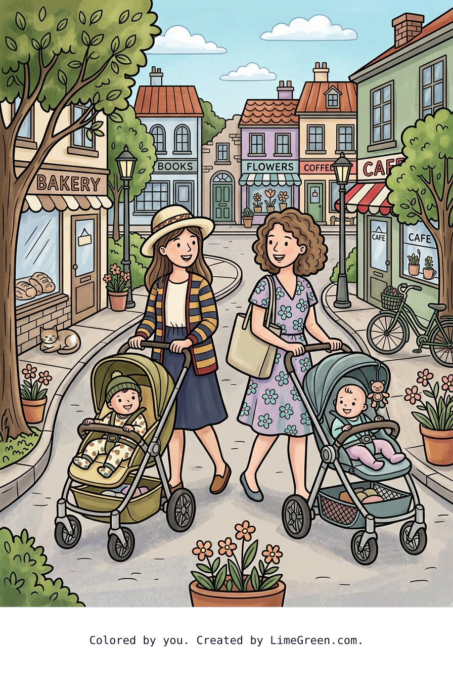 Colored preview of two moms with their babies in strollers walking down the street