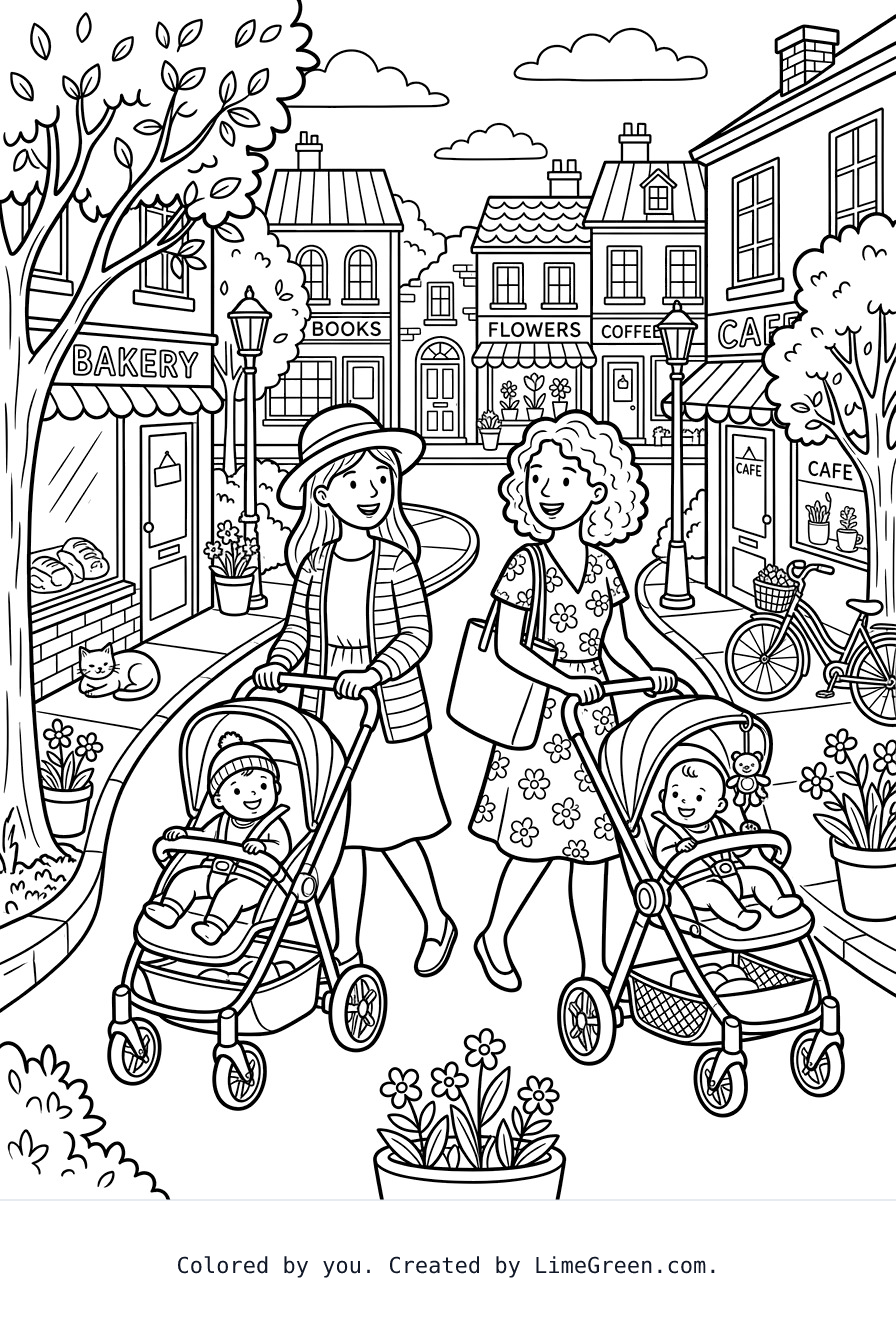 two moms with their babies in strollers walking down the street
