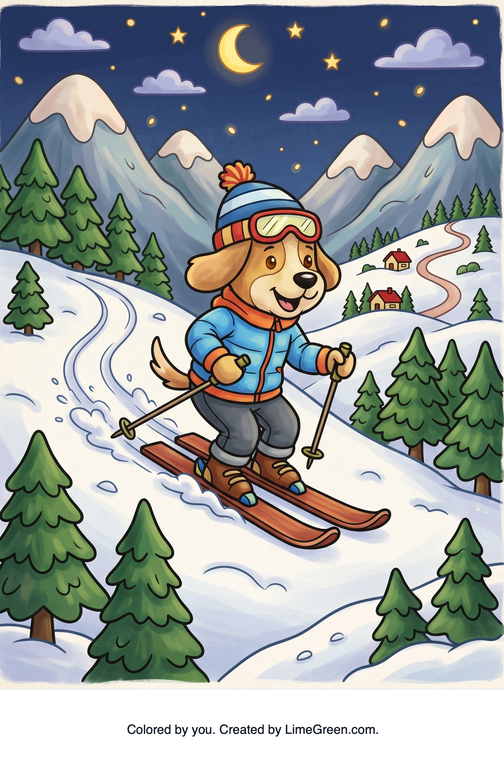 Colored preview of A dog skiing down a mountain