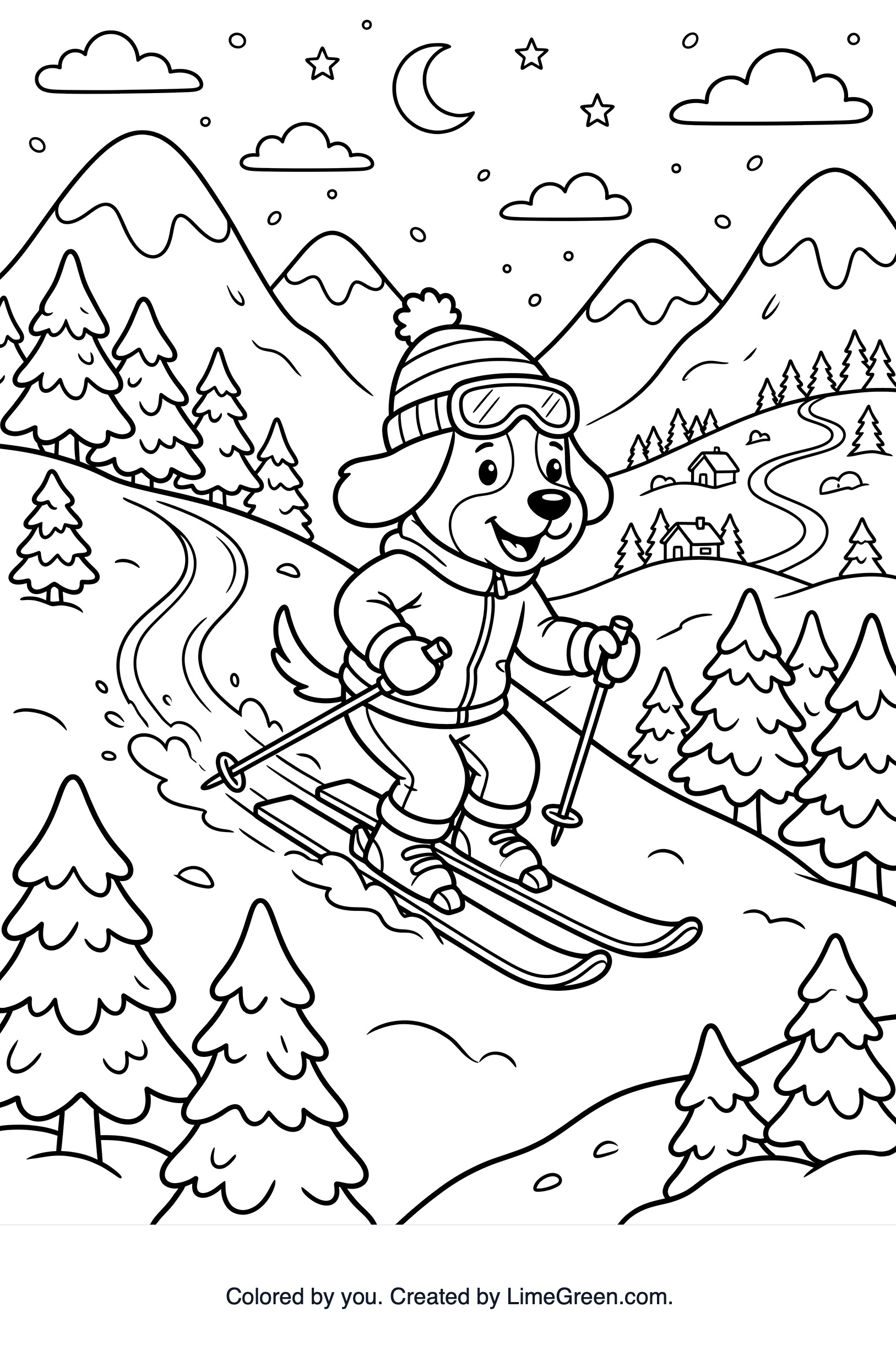A dog skiing down a mountain