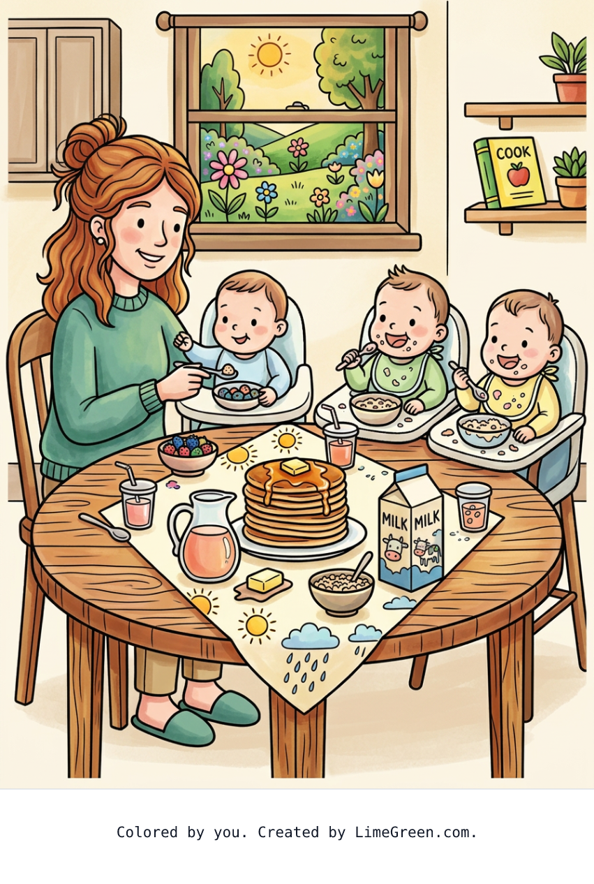 Colored preview of a mommy with three twin babies eating breakfast at the table