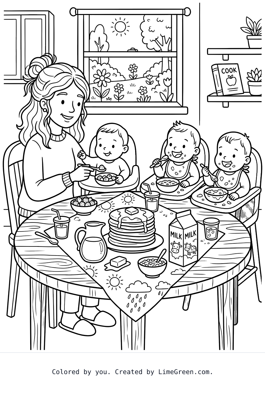 a mommy with three twin babies eating breakfast at the table