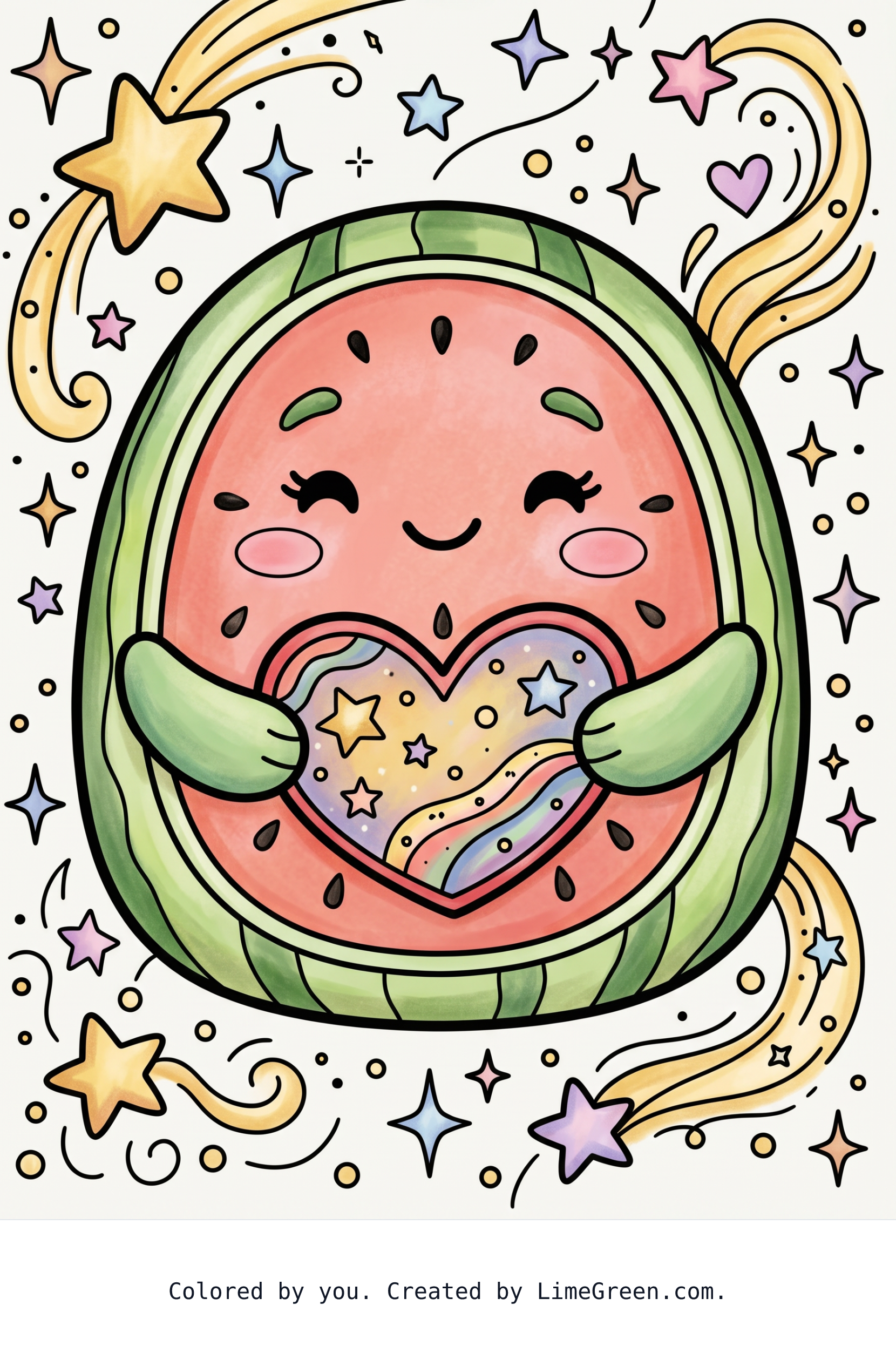 Colored preview of A watermelon squishmallow holding a heart with stars in the background.