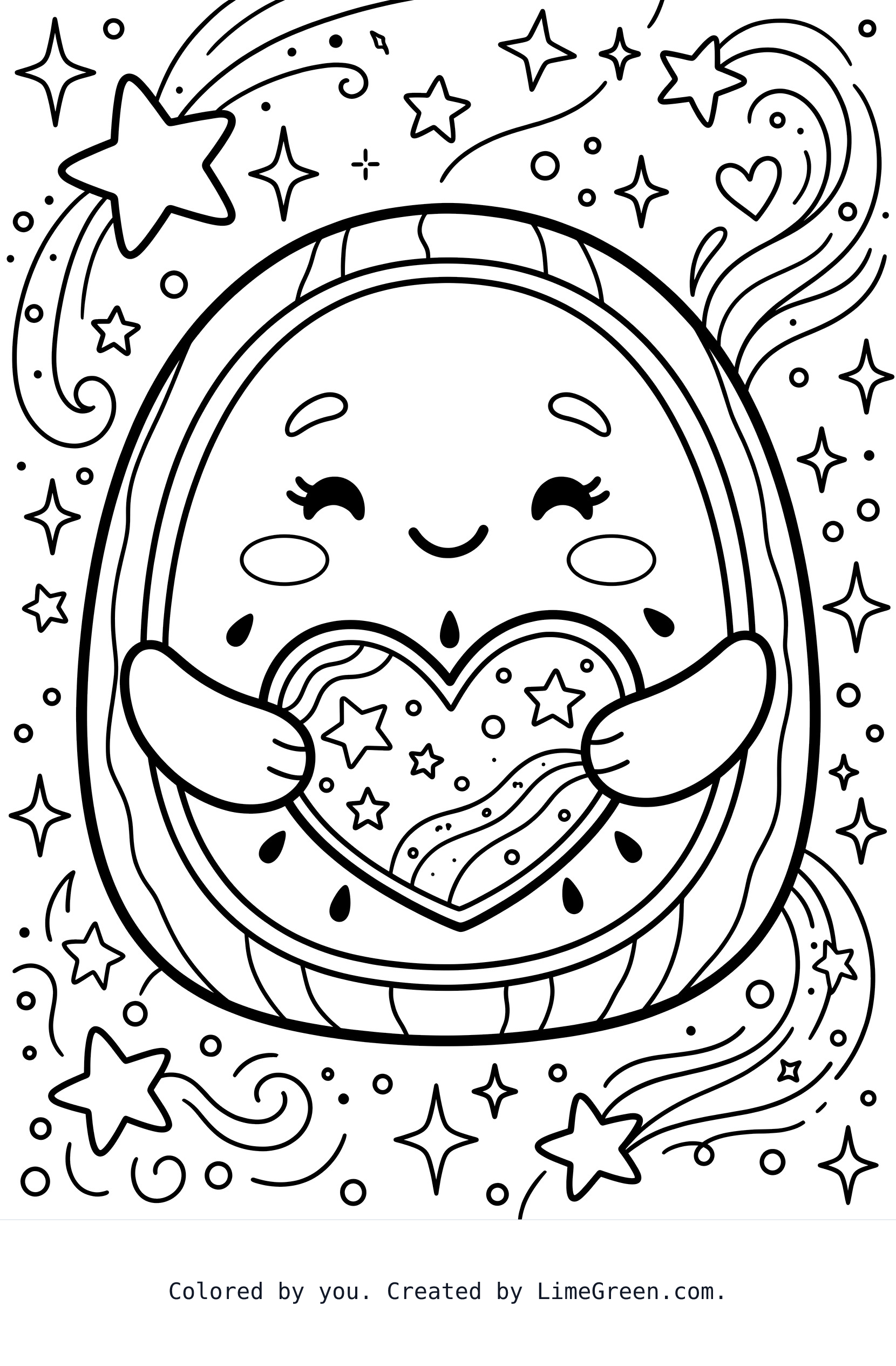 Printable A watermelon squishmallow holding a heart with stars in the background. coloring page