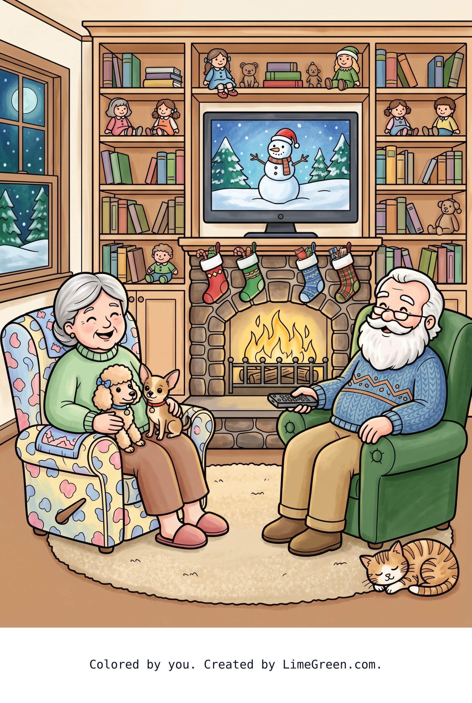 Colored preview of A grandma and grandpa with Mr and Mrs Claus features are sitting with a small poodle and Chihuahua sitting in grandmas lap  that are placed in front of the full wall length fireplace hearth in the same but different recliner chairs while watching tv that’s in a big wall unit with books and dolls on the accent shelves that is highlighted by the house window to the left of room