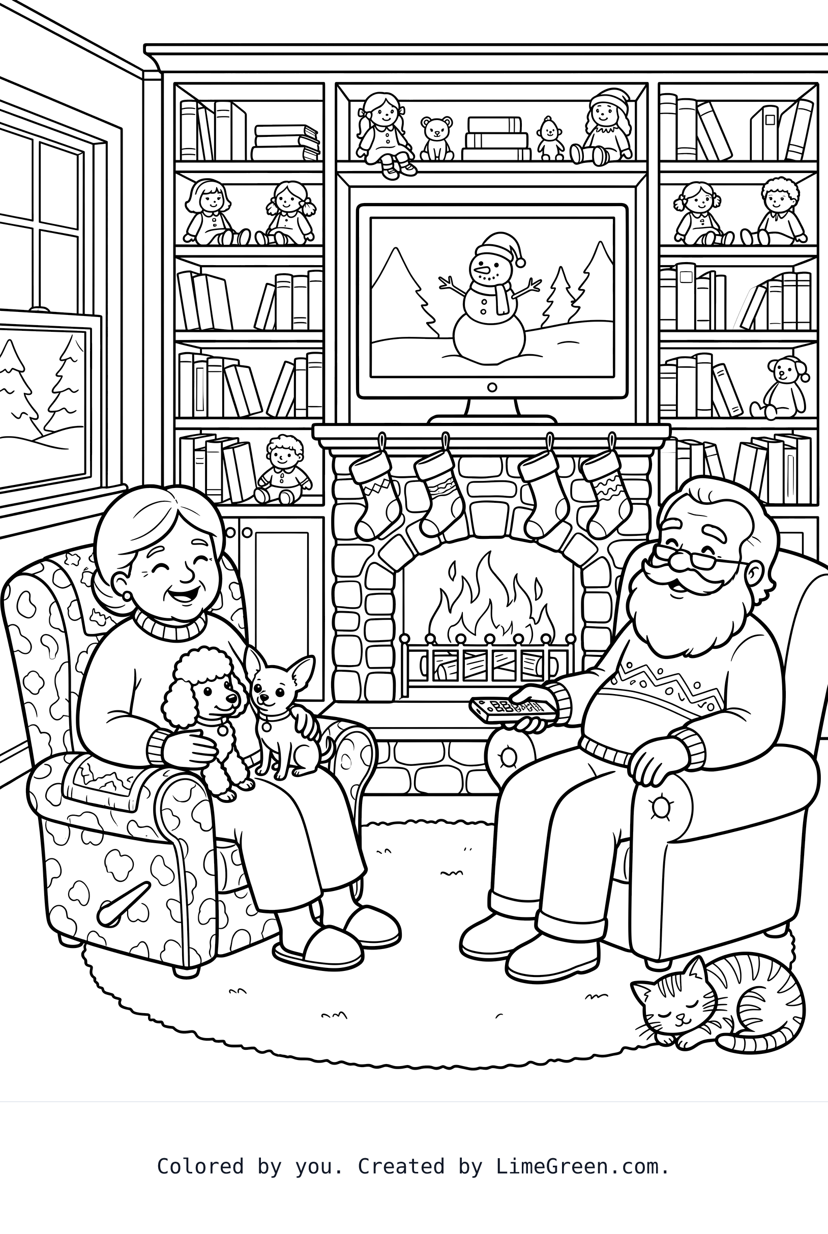 A grandma and grandpa with Mr and Mrs Claus features are sitting with a small poodle and Chihuahua sitting in grandmas lap  that are placed in front of the full wall length fireplace hearth in the same but different recliner chairs while watching tv that’s in a big wall unit with books and dolls on the accent shelves that is highlighted by the house window to the left of room
