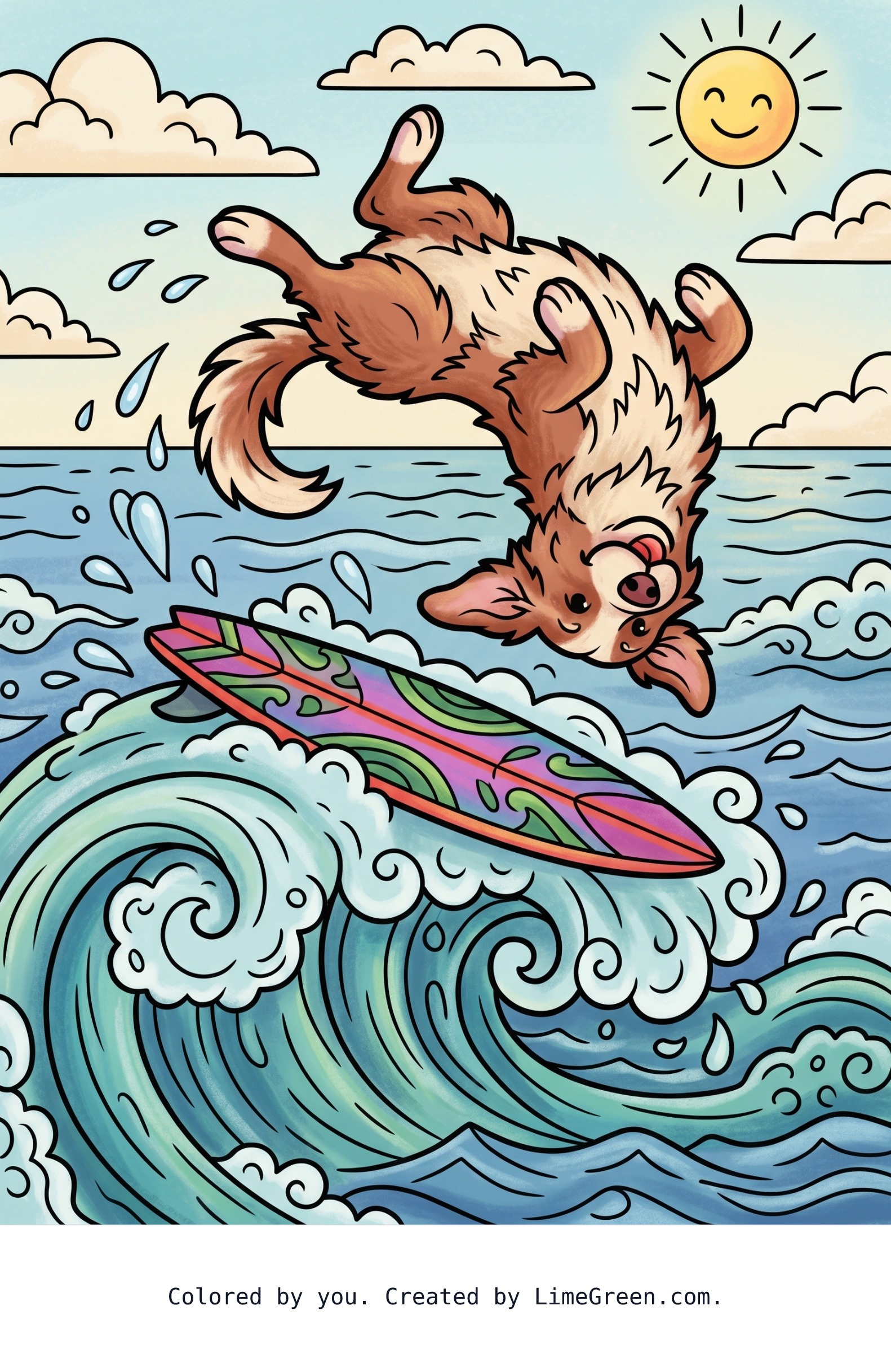 Colored preview of A dog doing a backflip on a surfboard.