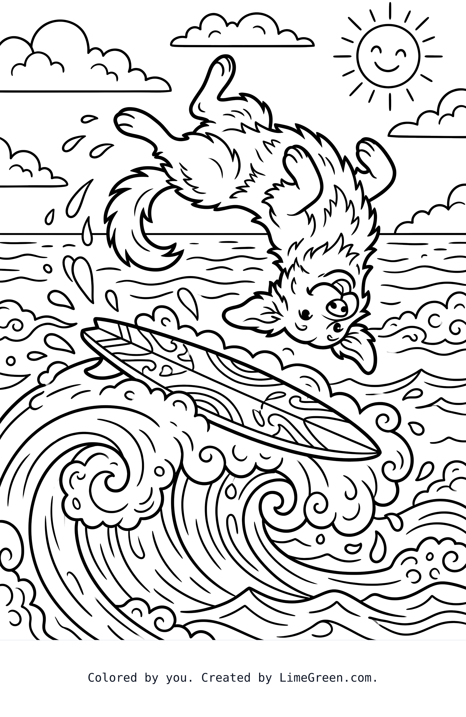 A dog doing a backflip on a surfboard.