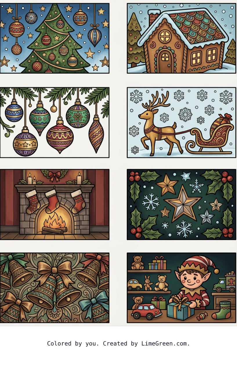 Colored preview of 8 separate photo style frames on a page, each with a unique zentangle christmas scene filling the space.