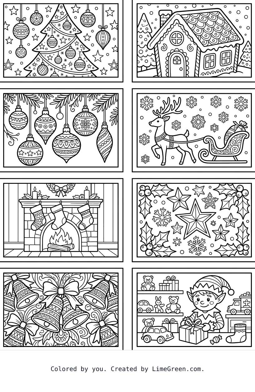 8 separate photo style frames on a page, each with a unique zentangle christmas scene filling the space.