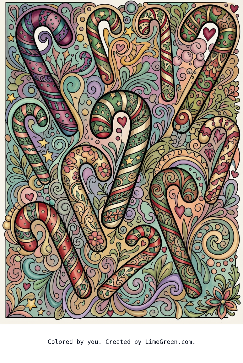 Colored preview of a zentangle style coloring page with candy canes scattered around in different sizes