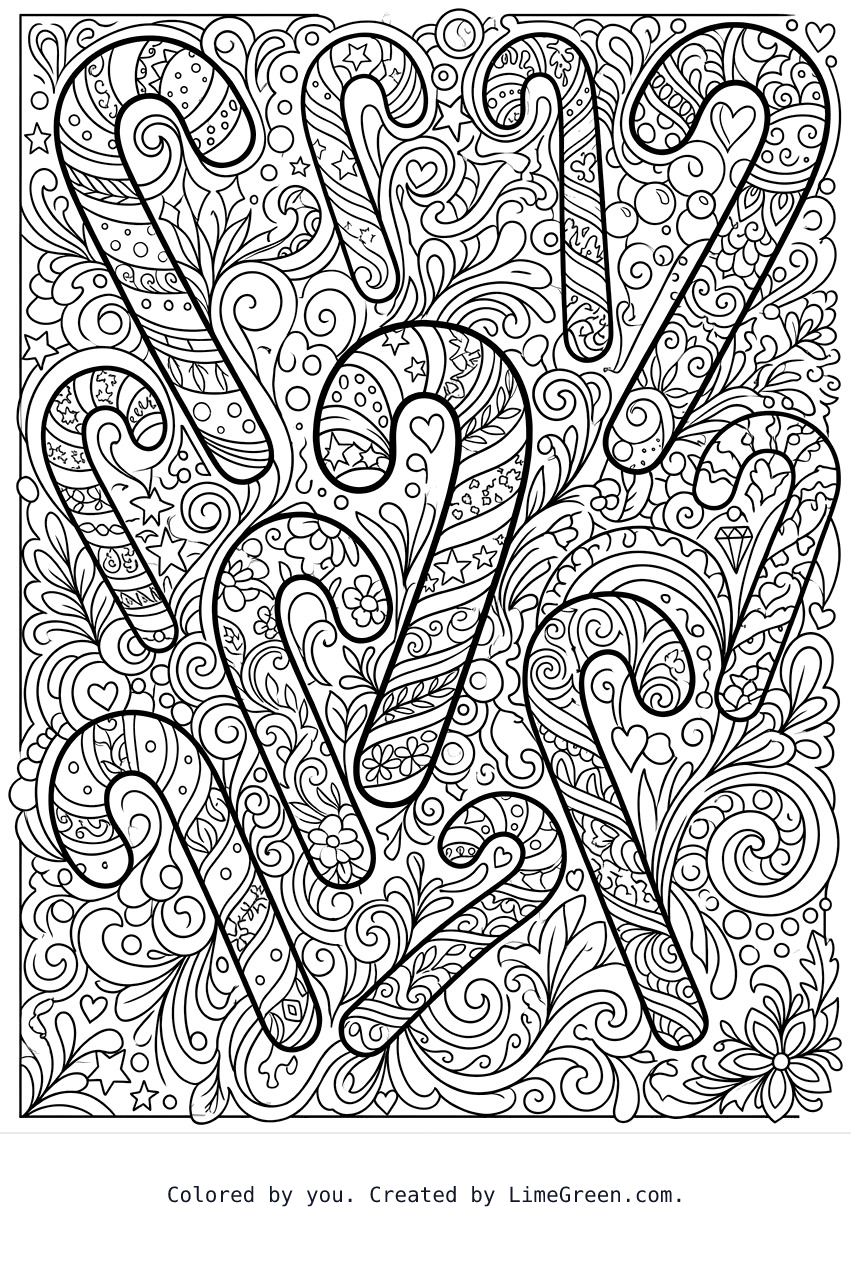 a zentangle style coloring page with candy canes scattered around in different sizes