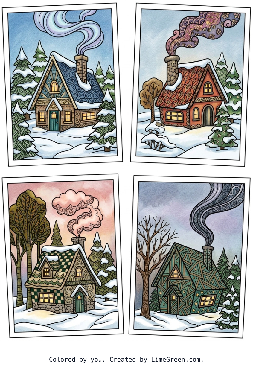 Colored preview of 4 separate photo style frames on a page, each with a unique zentangle house with trees around it, smoke coming out of the chimney, and snow.