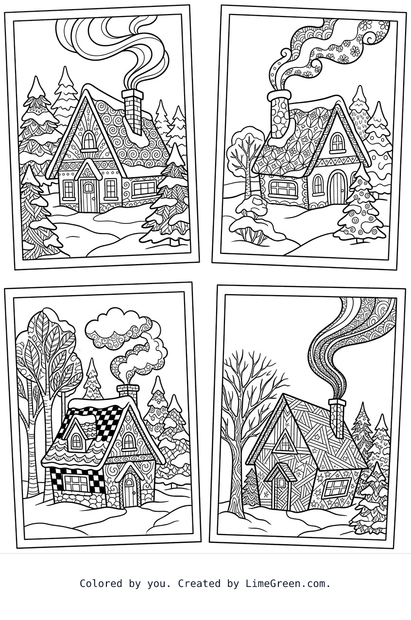 4 separate photo style frames on a page, each with a unique zentangle house with trees around it, smoke coming out of the chimney, and snow.