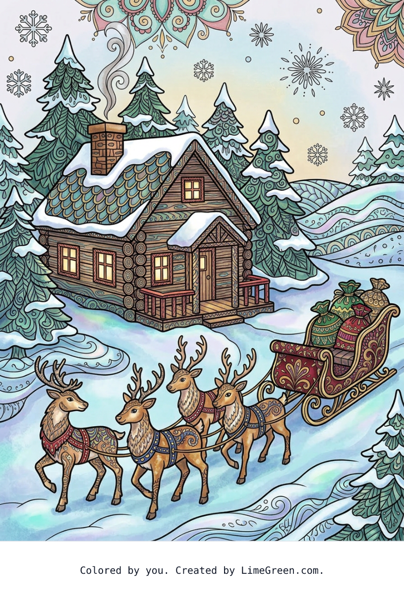 Colored preview of a zentangle style coloring page with a log cabin set in the woods surrounded by snow and trees, and a sleigh with reindeer outside like it's waiting for Santa to come out