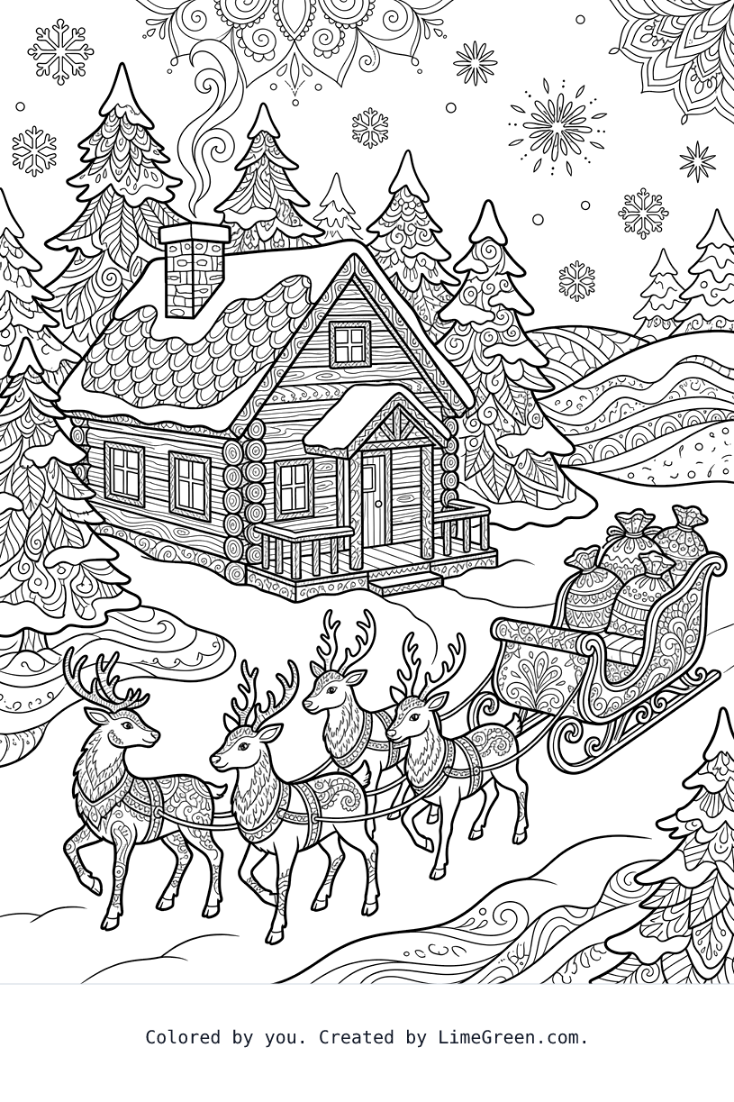 a zentangle style coloring page with a log cabin set in the woods surrounded by snow and trees, and a sleigh with reindeer outside like it's waiting for Santa to come out