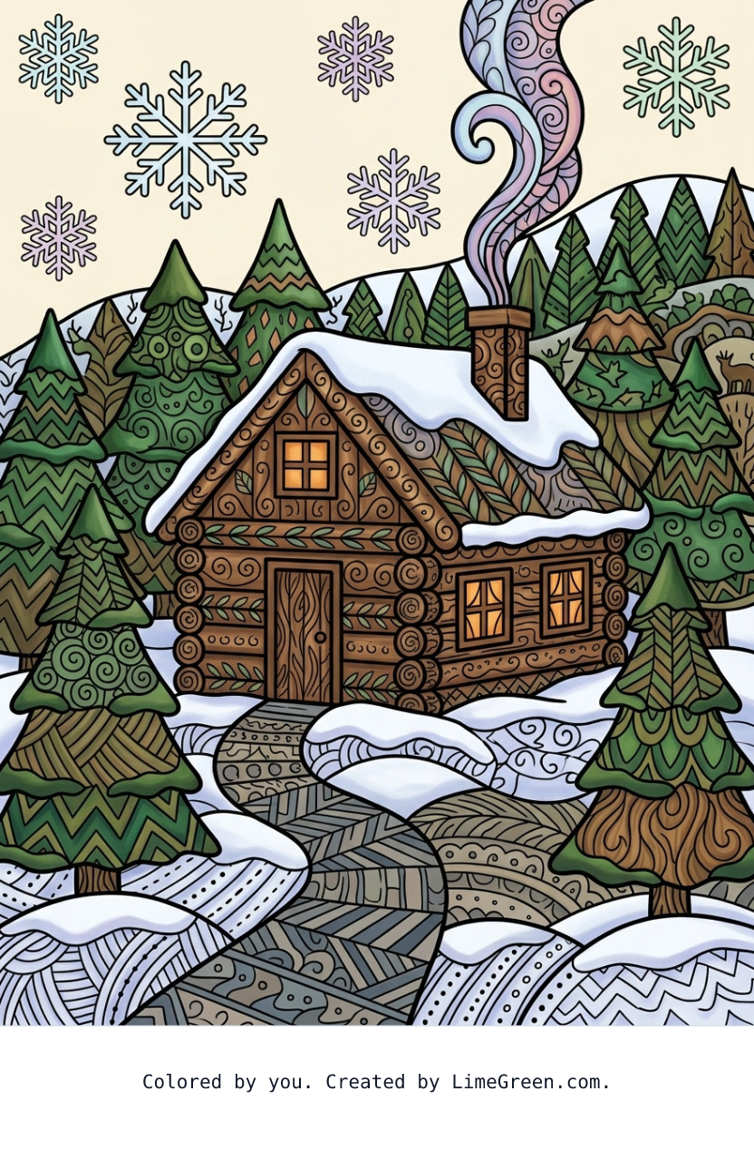 Colored preview of a zentangle style coloring page with a log cabin set in the woods surrounded by snow and trees