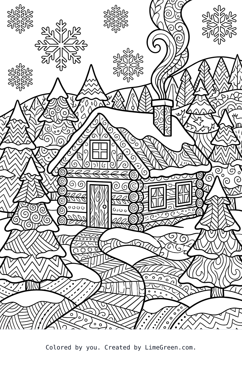 a zentangle style coloring page with a log cabin set in the woods surrounded by snow and trees