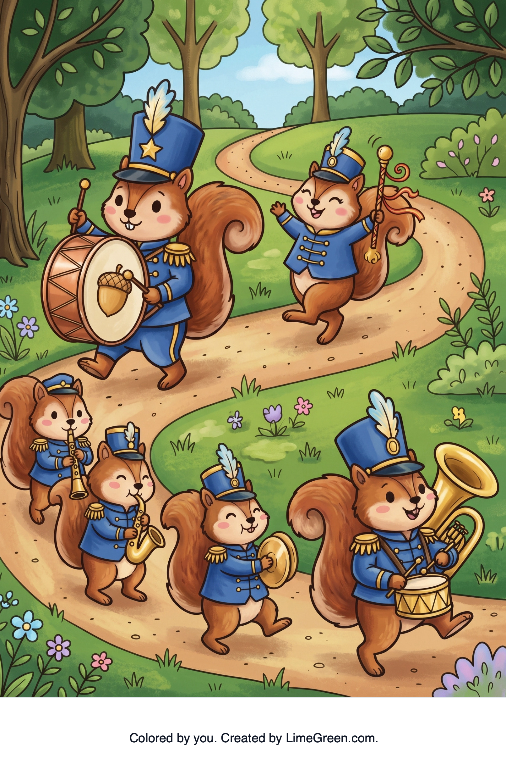 Colored preview of A marching band of squirrels.