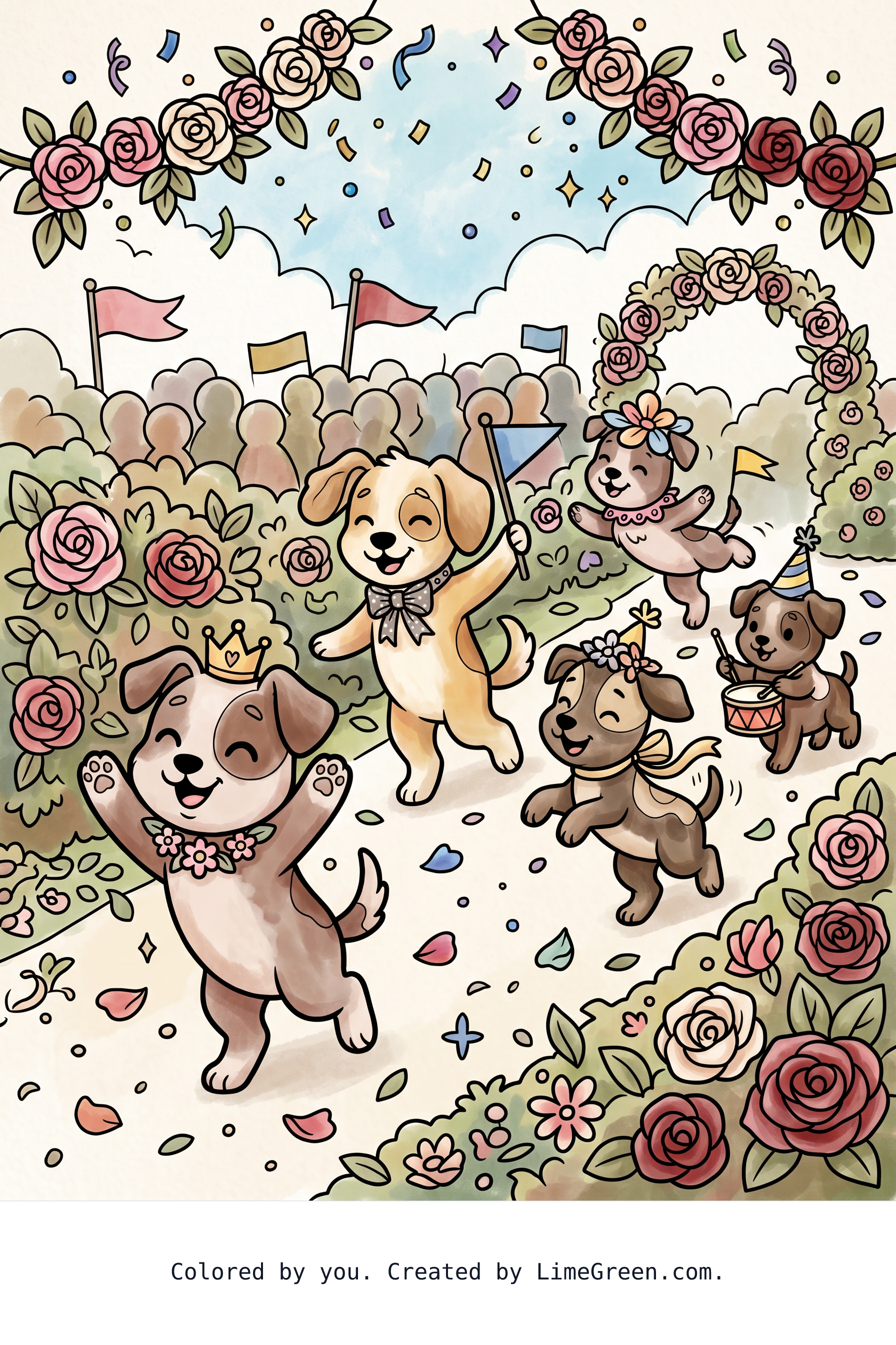 Colored preview of A Bunch of Happy Dancing Puppies Marching in a Rose Parade.