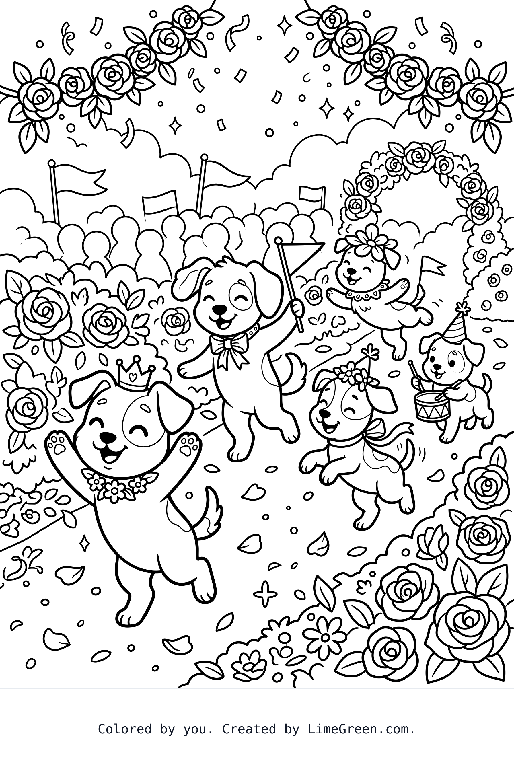 A Bunch of Happy Dancing Puppies Marching in a Rose Parade.