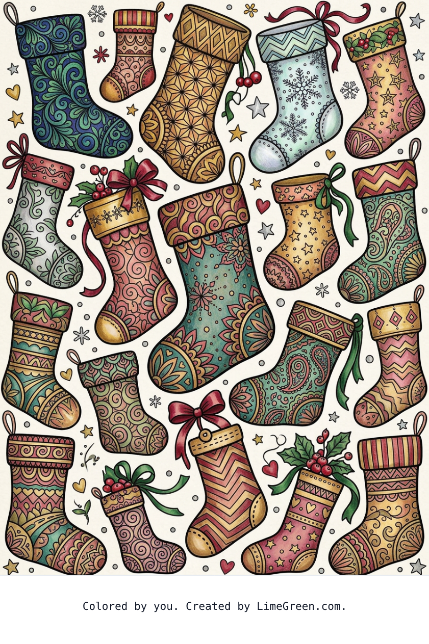 Colored preview of a zentangle style coloring page with christmas stockings scattered around in different sizes