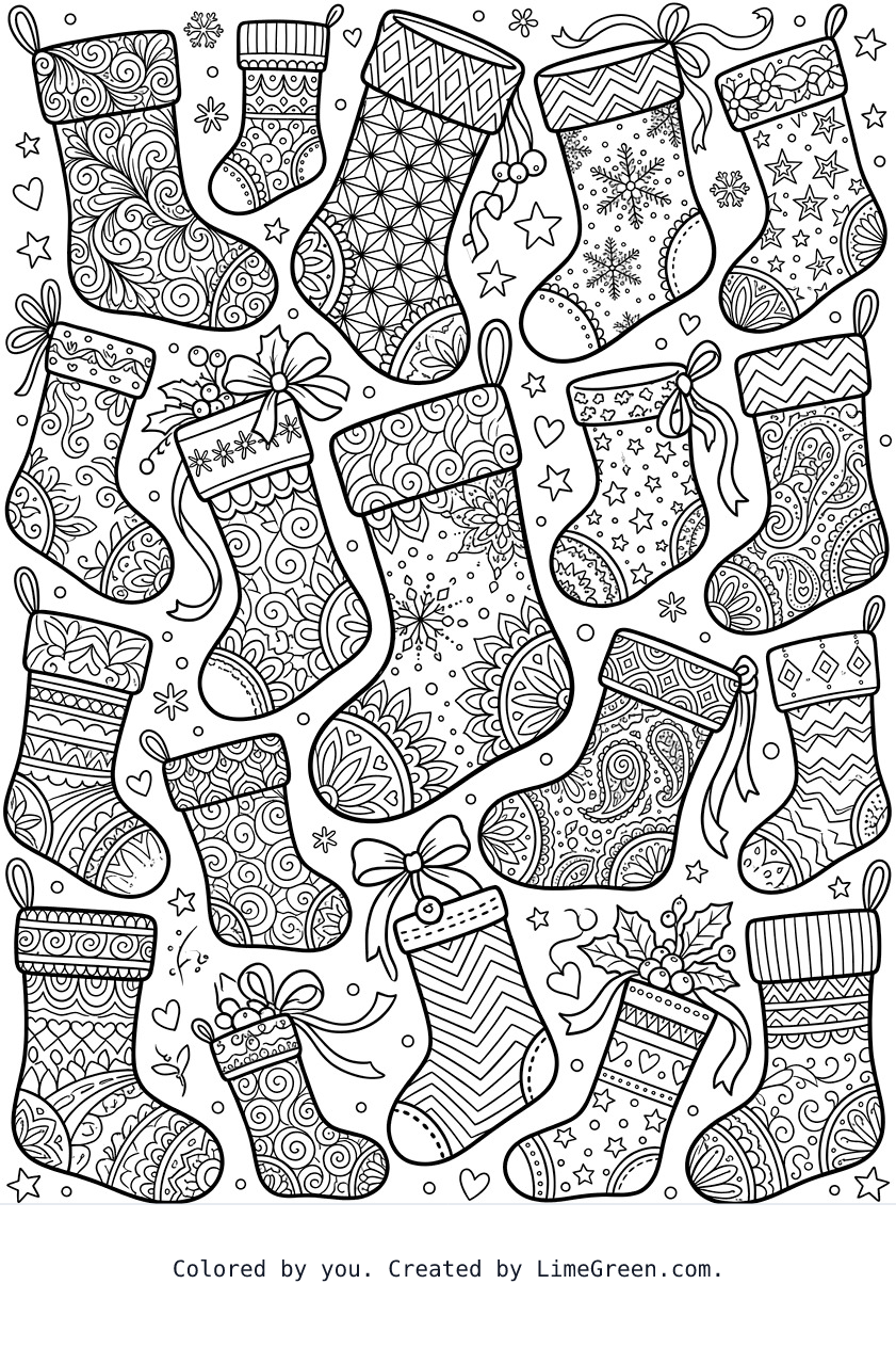 a zentangle style coloring page with christmas stockings scattered around in different sizes