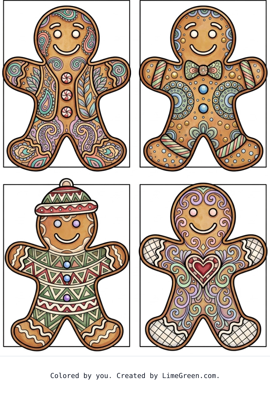 Colored preview of 4 separate frames on a page, each with a unique zentangle frosted gingerbread man