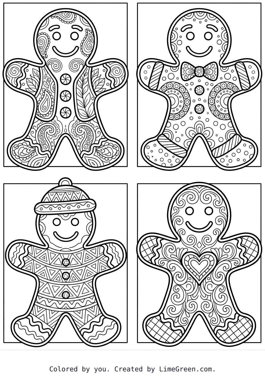 4 separate frames on a page, each with a unique zentangle frosted gingerbread man