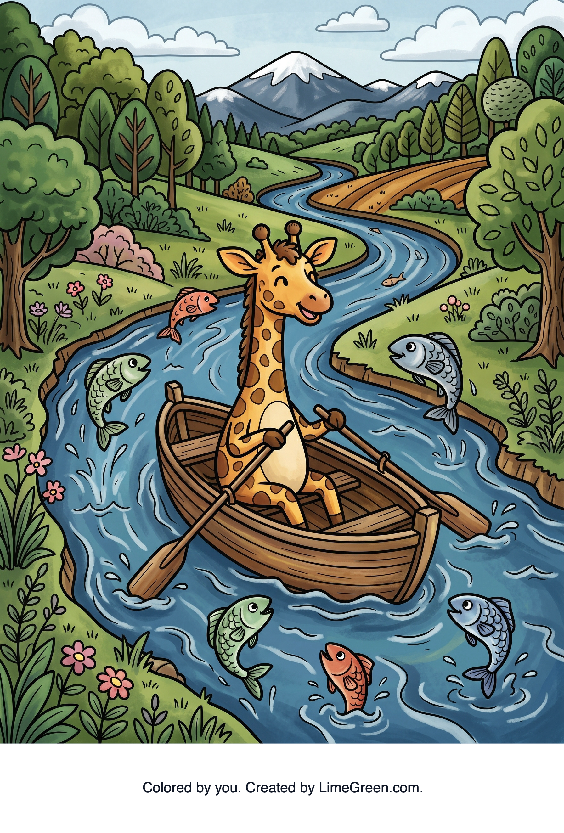 Colored preview of a giraffe rowing a boat up the river with fish flying out of the water.