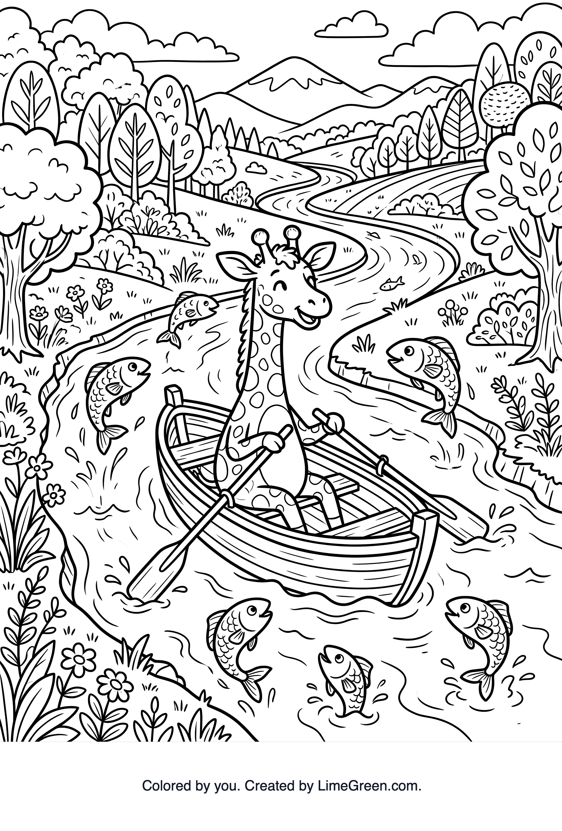 a giraffe rowing a boat up the river with fish flying out of the water.