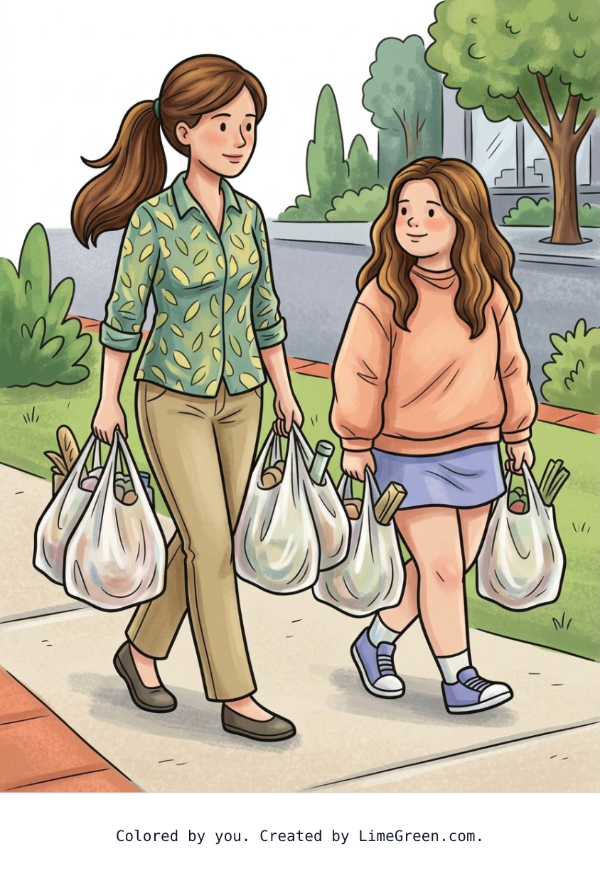 Colored preview of a mother 5'5" with long hair in a ponytail with daughter a little on the heavy side 4 " tall with long hair on the wavy side both carrying heavy bags of groceries in plastic bags