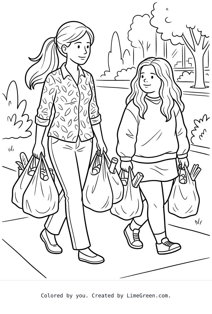 a mother 5'5" with long hair in a ponytail with daughter a little on the heavy side 4 " tall with long hair on the wavy side both carrying heavy bags of groceries in plastic bags